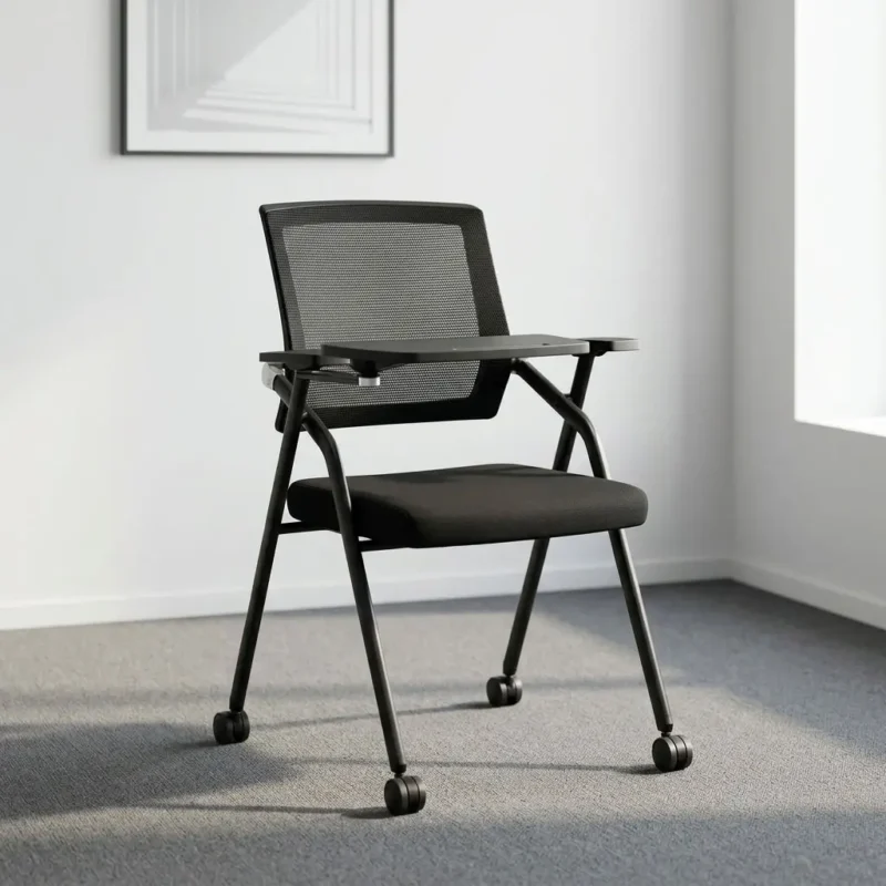 Foldable study chair with wheels featuring a breathable black mesh backrest, a padded black fabric seat that flips up for compact nesting, an attached swivel writing tablet desk pad, integrated armrests, and a sturdy black metal frame supported on smooth-rolling dual-wheel casters.