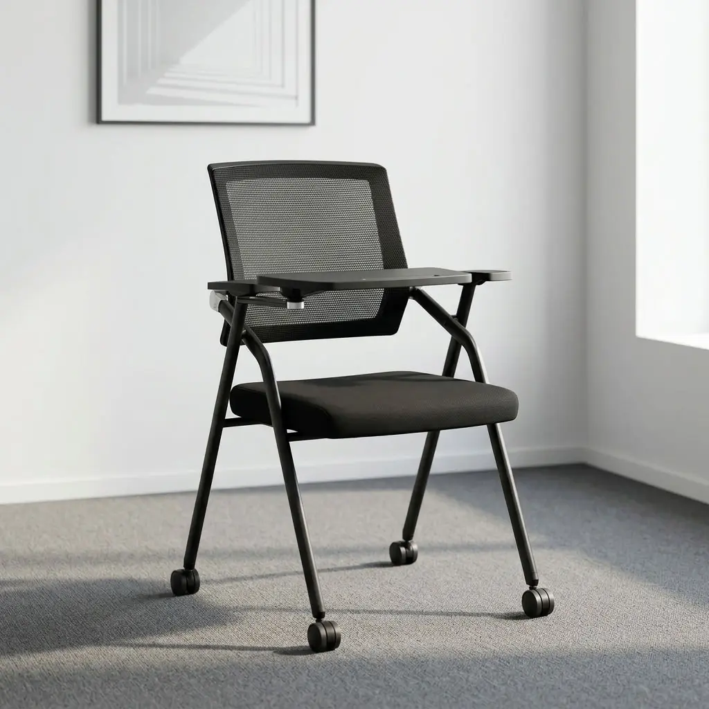 Foldable study chair with wheels featuring a breathable black mesh backrest, a padded black fabric seat that flips up for compact nesting, an attached swivel writing tablet desk pad, integrated armrests, and a sturdy black metal frame supported on smooth-rolling dual-wheel casters.