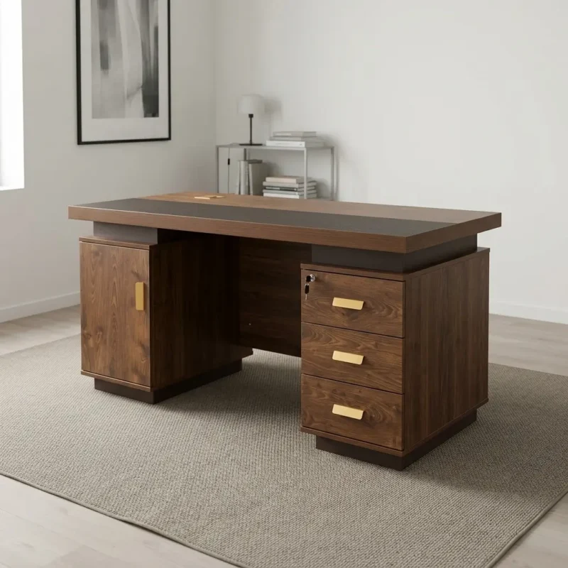 Modern 1400mm office table featuring a rich dark walnut wood-grain finish, built-in wire management grommets, an inlaid central writing surface, an integrated side cabinet, a three-drawer lockable pedestal with gold handles, and a decorative front modesty panel with vertical fluted wood accents and horizontal gold strip inlay.