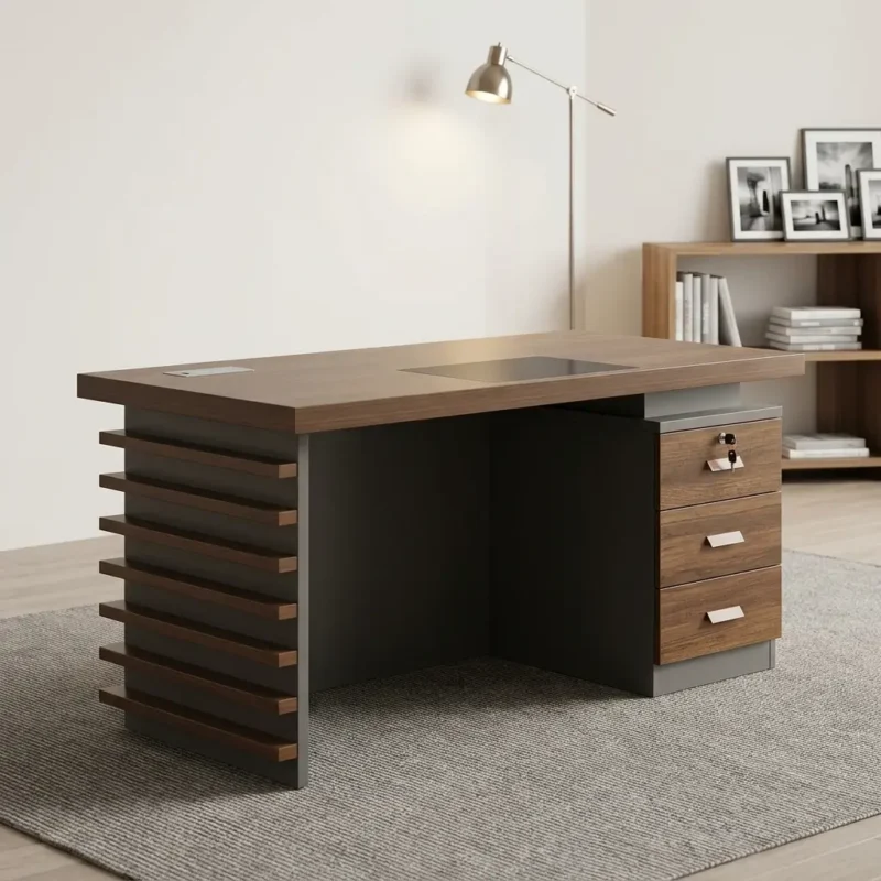 Spacious 1200mm office table featuring a rich walnut wood-grain finish tabletop with a flush leatherette writing pad inlay, a flip-top cable grommet for wire management, a lockable three-drawer pedestal with modern metallic pull handles, and a charcoal grey base with decorative horizontal wood-slat side paneling.