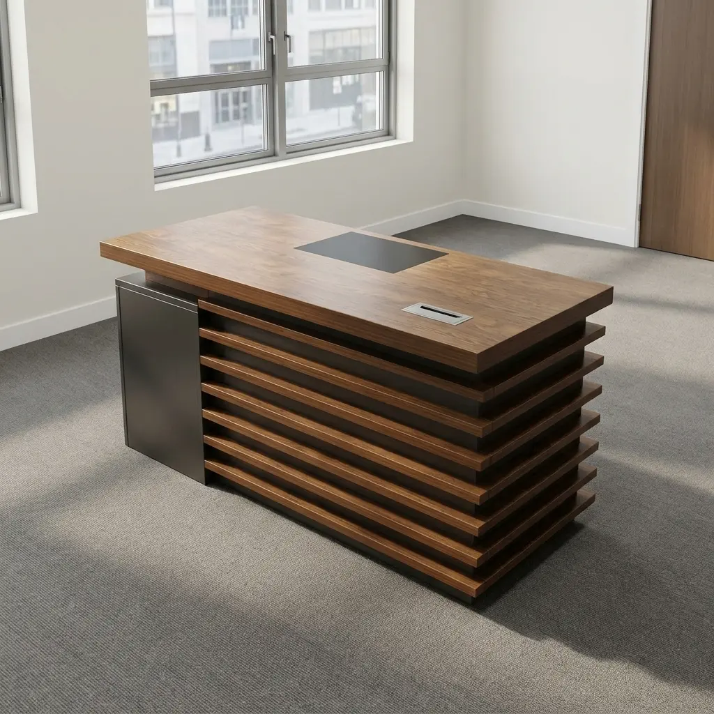 Spacious 1200mm office table featuring a rich walnut wood-grain finish tabletop with a flush leatherette writing pad inlay, a flip-top cable grommet for wire management, a lockable three-drawer pedestal with modern metallic pull handles, and a charcoal grey base with decorative horizontal wood-slat side paneling.