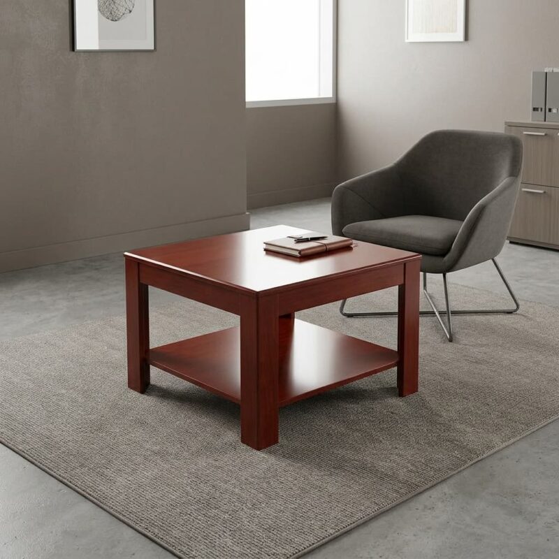 0.6m square coffee table featuring a polished rich mahogany wood-grain finish, a spacious square tabletop, a matching lower open storage shelf, and sturdy thick corner legs.