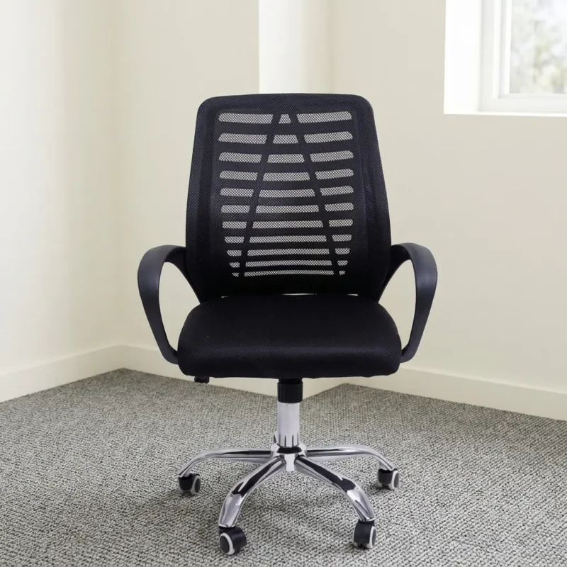 Ergonomic strong mesh office chair featuring a breathable black mesh backrest with horizontal pattern support, a padded black fabric seat cushion, curved fixed armrests, a heavy-duty chrome five-star base, pneumatic seat-height adjustment, and smooth-rolling hooded dual-wheel casters.