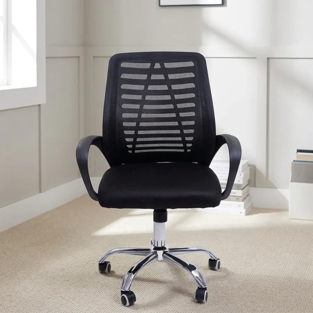 Ergonomic strong mesh office chair featuring a breathable black mesh backrest with horizontal pattern support, a padded black fabric seat cushion, curved fixed armrests, a heavy-duty chrome five-star base, pneumatic seat-height adjustment, and smooth-rolling hooded dual-wheel casters.