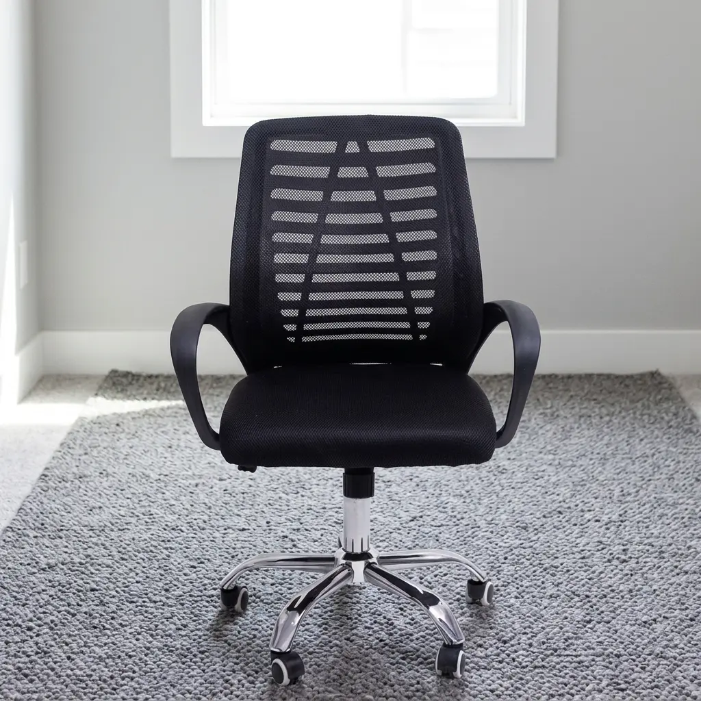Ergonomic strong mesh office chair featuring a breathable black mesh backrest with horizontal pattern support, a padded black fabric seat cushion, curved fixed armrests, a heavy-duty chrome five-star base, pneumatic seat-height adjustment, and smooth-rolling hooded dual-wheel casters.