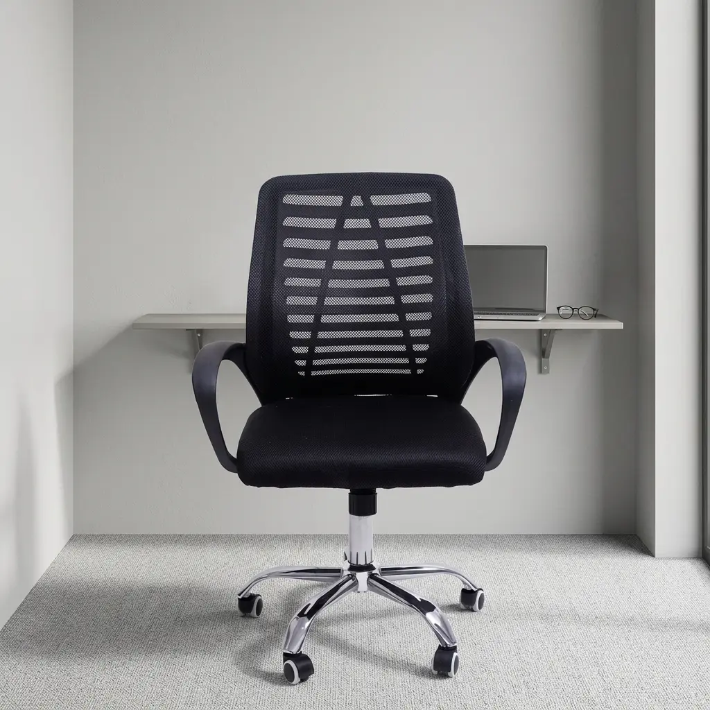 Ergonomic strong mesh office chair featuring a breathable black mesh backrest with horizontal pattern support, a padded black fabric seat cushion, curved fixed armrests, a heavy-duty chrome five-star base, pneumatic seat-height adjustment, and smooth-rolling hooded dual-wheel casters.