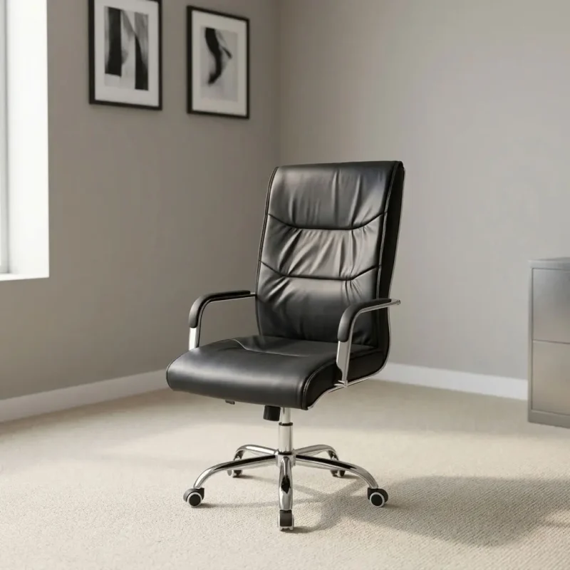 High-back executive office chair featuring smooth black leatherette upholstery with horizontal stitched padding, sleek chrome armrests with black padded armrests, gas-lift height adjustment, and a polished chrome 5-star swivel base on rolling casters.
