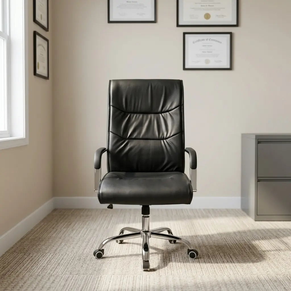 High-back executive office chair featuring smooth black leatherette upholstery with horizontal stitched padding, sleek chrome armrests with black padded armrests, gas-lift height adjustment, and a polished chrome 5-star swivel base on rolling casters.