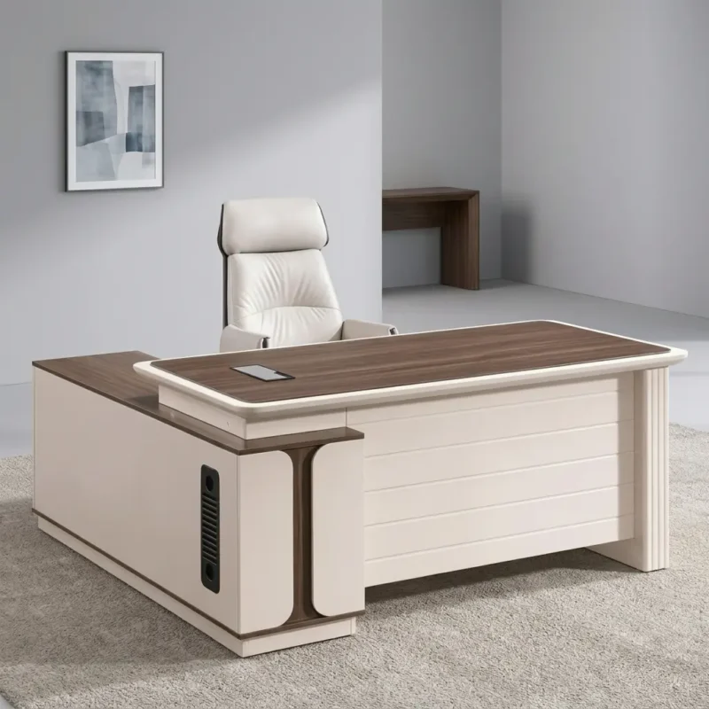 Executive 1.8m office table featuring an L-shaped layout with a rich walnut wood grain desktop inlay, off-white rounded edge trim and modesty panel, integrated wire management flip-box grommets, and an attached side return cabinet for spacious storage.