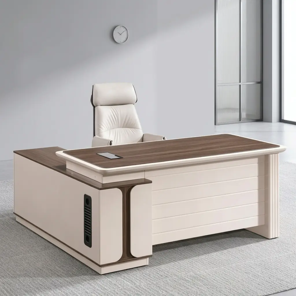 Executive 1.8m office table featuring an L-shaped layout with a rich walnut wood grain desktop inlay, off-white rounded edge trim and modesty panel, integrated wire management flip-box grommets, and an attached side return cabinet for spacious storage.