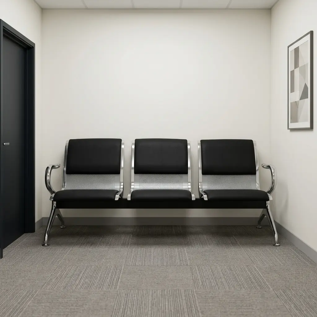 3-link padded waiting bench featuring three connected ergonomic seats with black leatherette back and seat cushions, perforated steel panels, curved polished chrome armrests, and a heavy-duty chrome beam frame with sturdy legs.