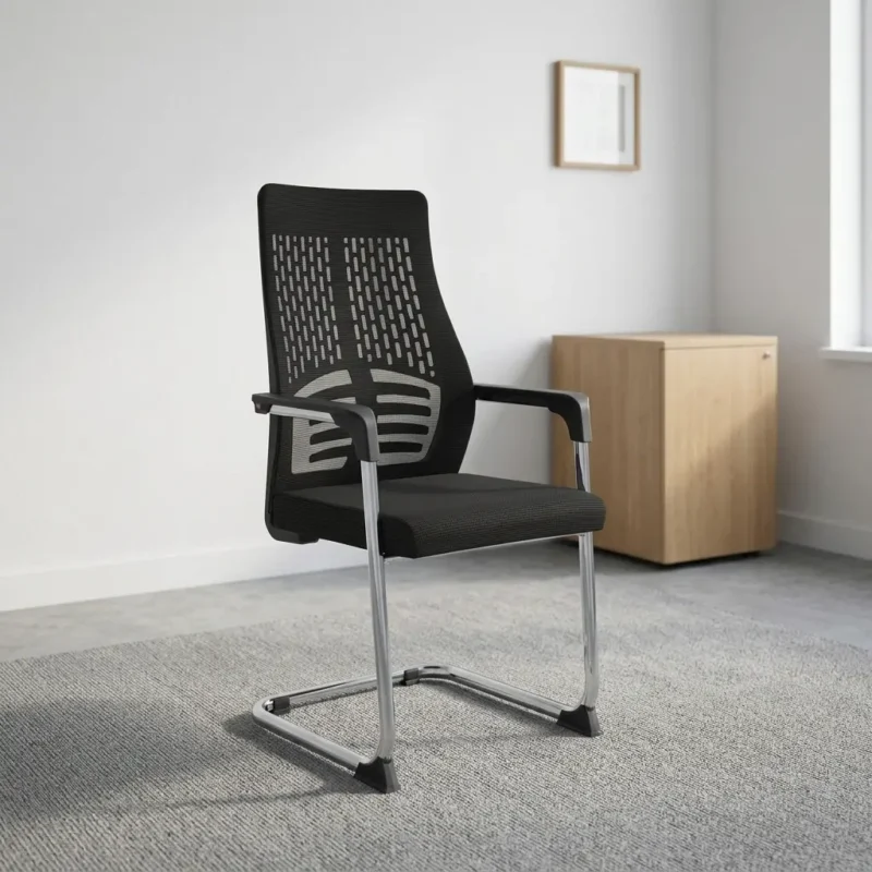 Ergonomic mesh waiting seat featuring a breathable black patterned mesh backrest with integrated spine and rib-pattern lumbar support, a contoured padded black fabric seat cushion, fixed T-style armrests, and a sturdy chrome cantilever sled base with anti-slip floor glides.