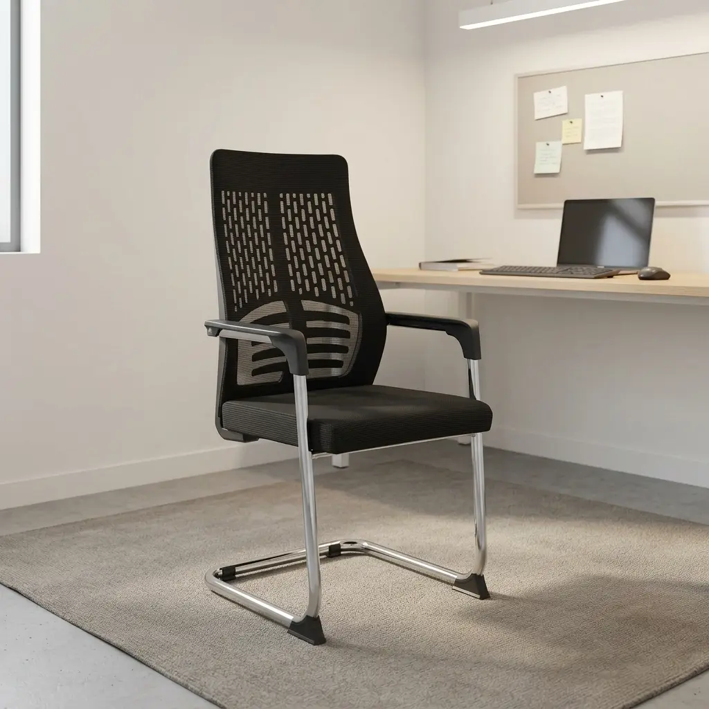Ergonomic mesh waiting seat featuring a breathable black patterned mesh backrest with integrated spine and rib-pattern lumbar support, a contoured padded black fabric seat cushion, fixed T-style armrests, and a sturdy chrome cantilever sled base with anti-slip floor glides.