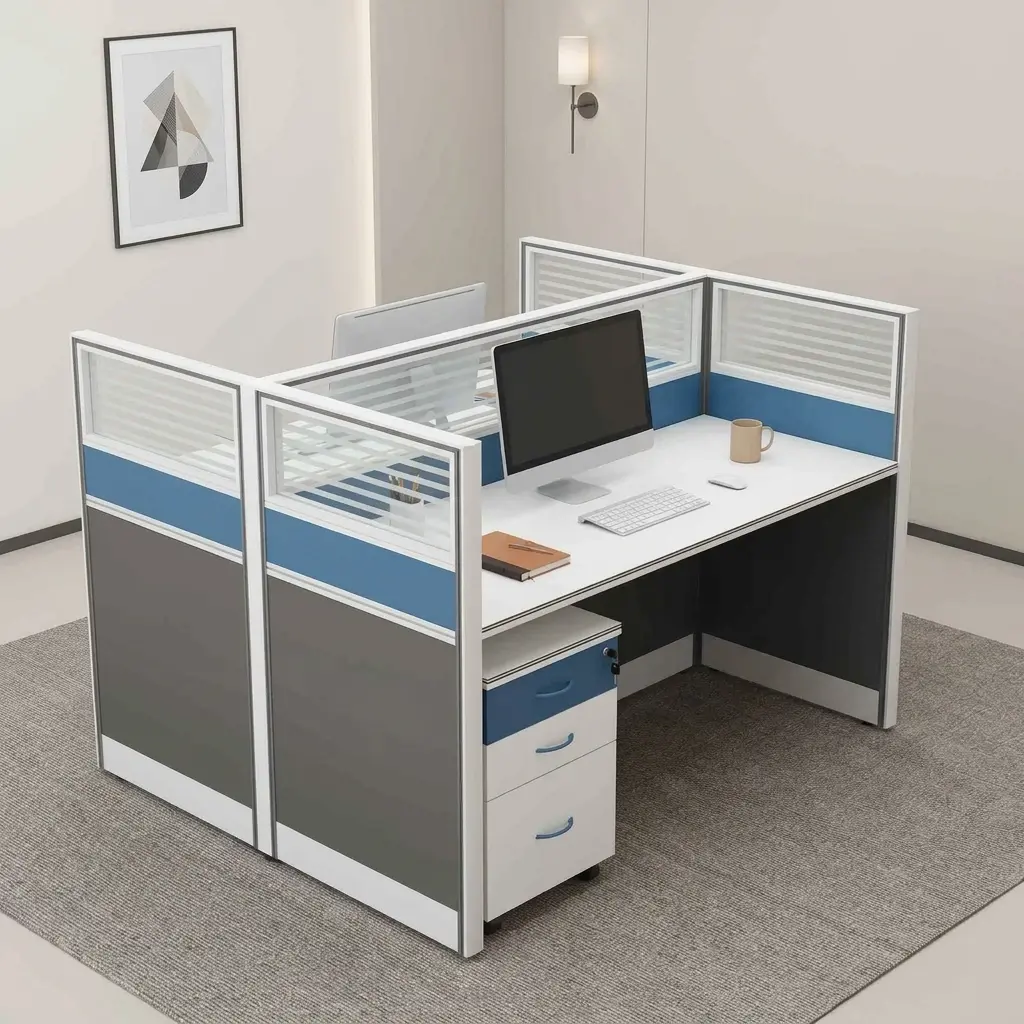 Spacious 2-way office workstation featuring a face-to-face dual desk configuration, smooth white tops, integrated blue-and-grey acoustic privacy partition screens with frosted glass upper panels, and matching mobile lockable drawer pedestals.