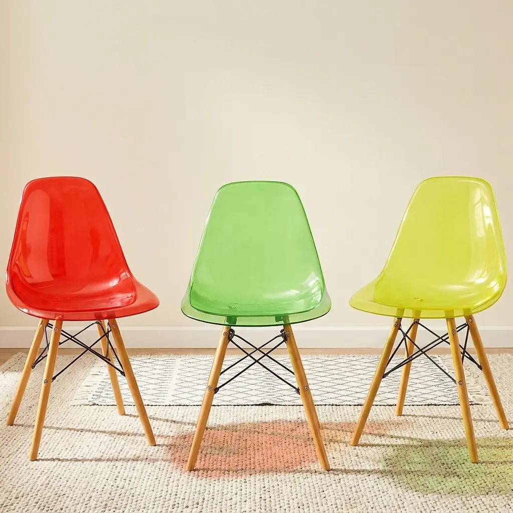 Transparent Eames-style plastic chairs featuring molded acrylic bucket seats in translucent red, emerald green, and lime green finishes, supported by iconic Eiffel-style wooden legs with black steel wire bracing.