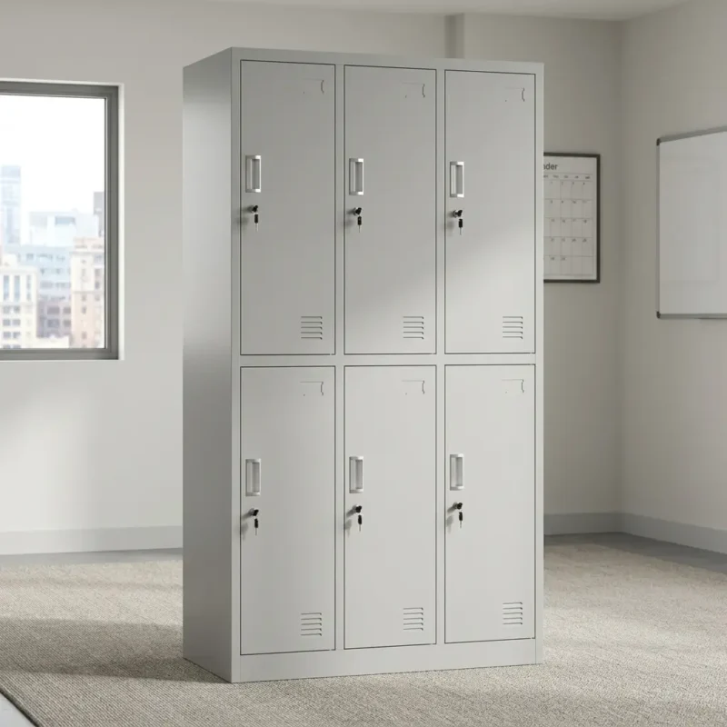 Lockable 6 locker filing cabinet featuring a light grey powder-coated steel construction, six individual lockable doors in a 3-column by 2-tier arrangement, individual key locks with keys inserted, recessed pull handles, bottom ventilation slots, and name card label slots on each compartment.