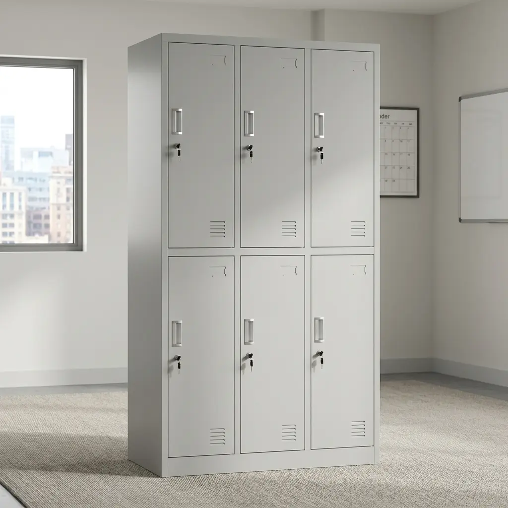 Lockable 6 locker filing cabinet featuring a light grey powder-coated steel construction, six individual lockable doors in a 3-column by 2-tier arrangement, individual key locks with keys inserted, recessed pull handles, bottom ventilation slots, and name card label slots on each compartment.