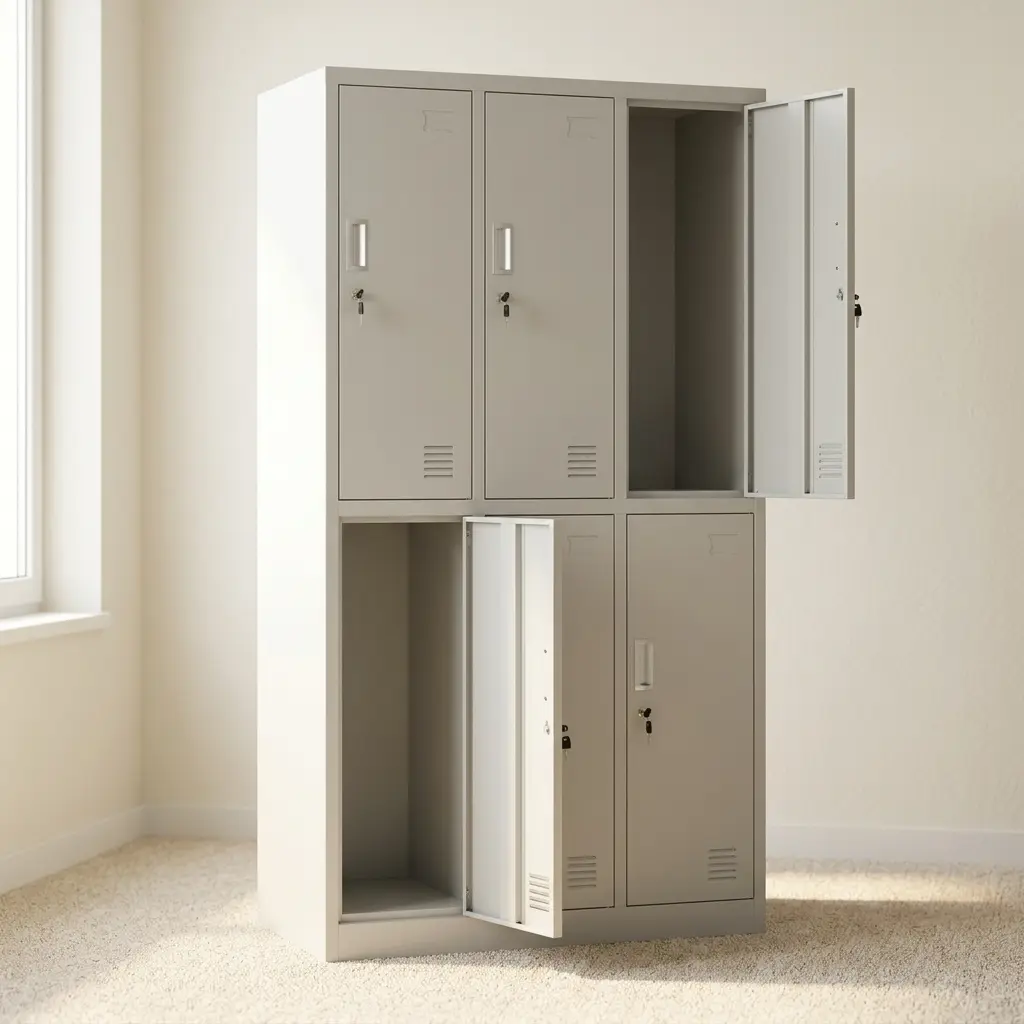 Lockable 6 locker filing cabinet featuring a light grey powder-coated steel construction, six individual lockable doors in a 3-column by 2-tier arrangement, individual key locks with keys inserted, recessed pull handles, bottom ventilation slots, and name card label slots on each compartment.