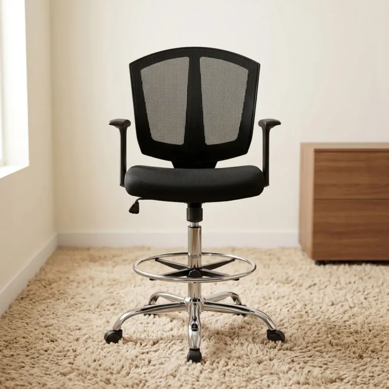 Ergonomic counter office cashier chair featuring a breathable black mesh backrest with built-in lumbar support, a padded black fabric seat cushion, T-shaped armrests, a chrome circular foot ring, extended height gas lift adjustment, and a polished chrome five-star swivel base on smooth-rolling casters.