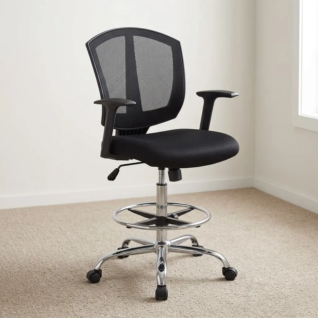 Ergonomic counter office cashier chair featuring a breathable black mesh backrest with built-in lumbar support, a padded black fabric seat cushion, T-shaped armrests, a chrome circular foot ring, extended height gas lift adjustment, and a polished chrome five-star swivel base on smooth-rolling casters.