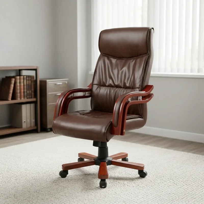 Brown leather executive chair featuring rich reddish-brown leatherette upholstery with deep segmented padding on the high backrest and seat, padded curved wood-trim armrests with metallic supports, a pneumatic height-adjustment mechanism, and a five-star wood-capped swivel base on dual-wheel casters.