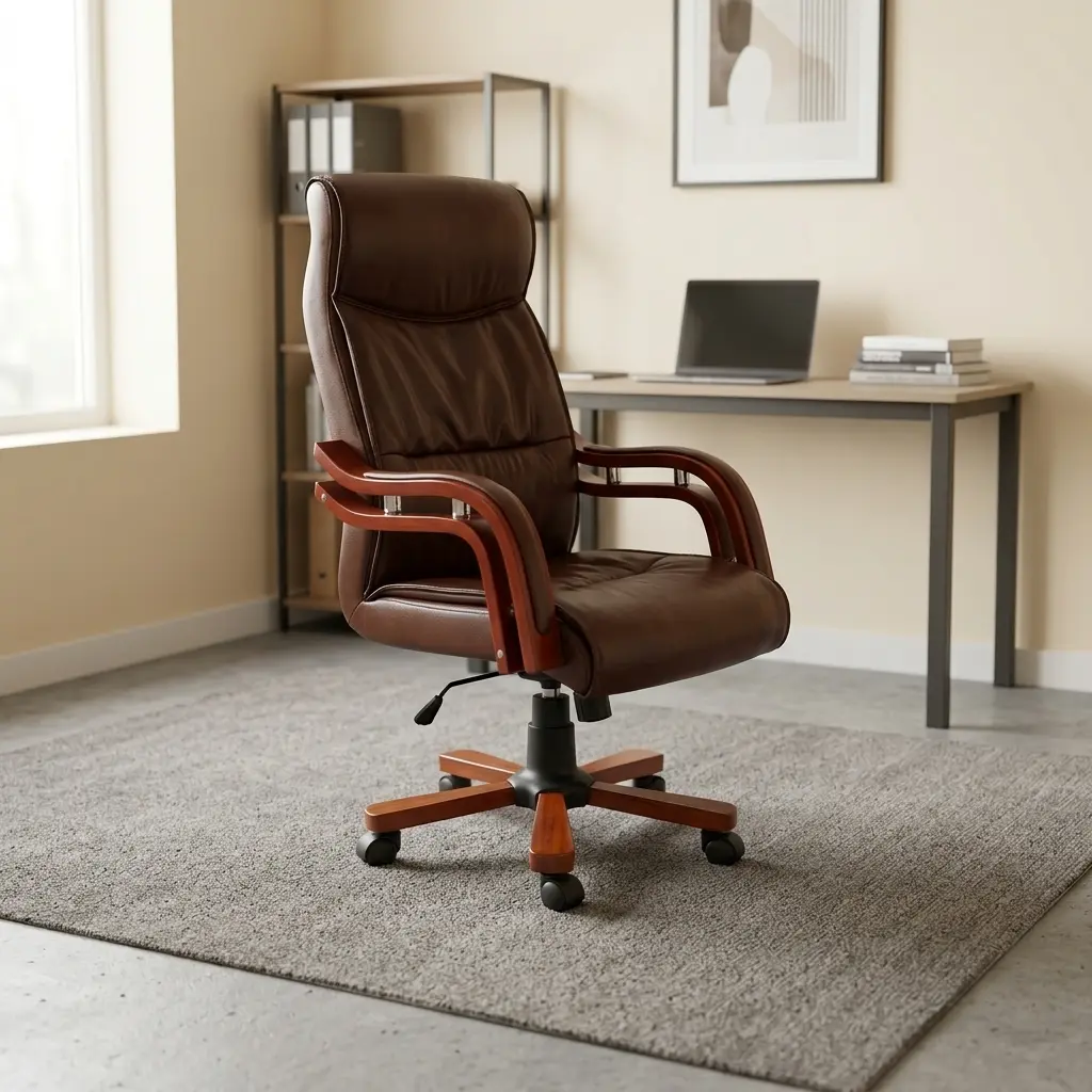 Brown leather executive chair featuring rich reddish-brown leatherette upholstery with deep segmented padding on the high backrest and seat, padded curved wood-trim armrests with metallic supports, a pneumatic height-adjustment mechanism, and a five-star wood-capped swivel base on dual-wheel casters.