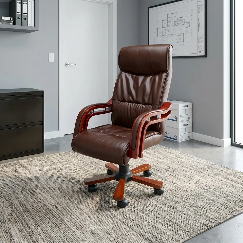 Brown leather executive chair featuring rich reddish-brown leatherette upholstery with deep segmented padding on the high backrest and seat, padded curved wood-trim armrests with metallic supports, a pneumatic height-adjustment mechanism, and a five-star wood-capped swivel base on dual-wheel casters.