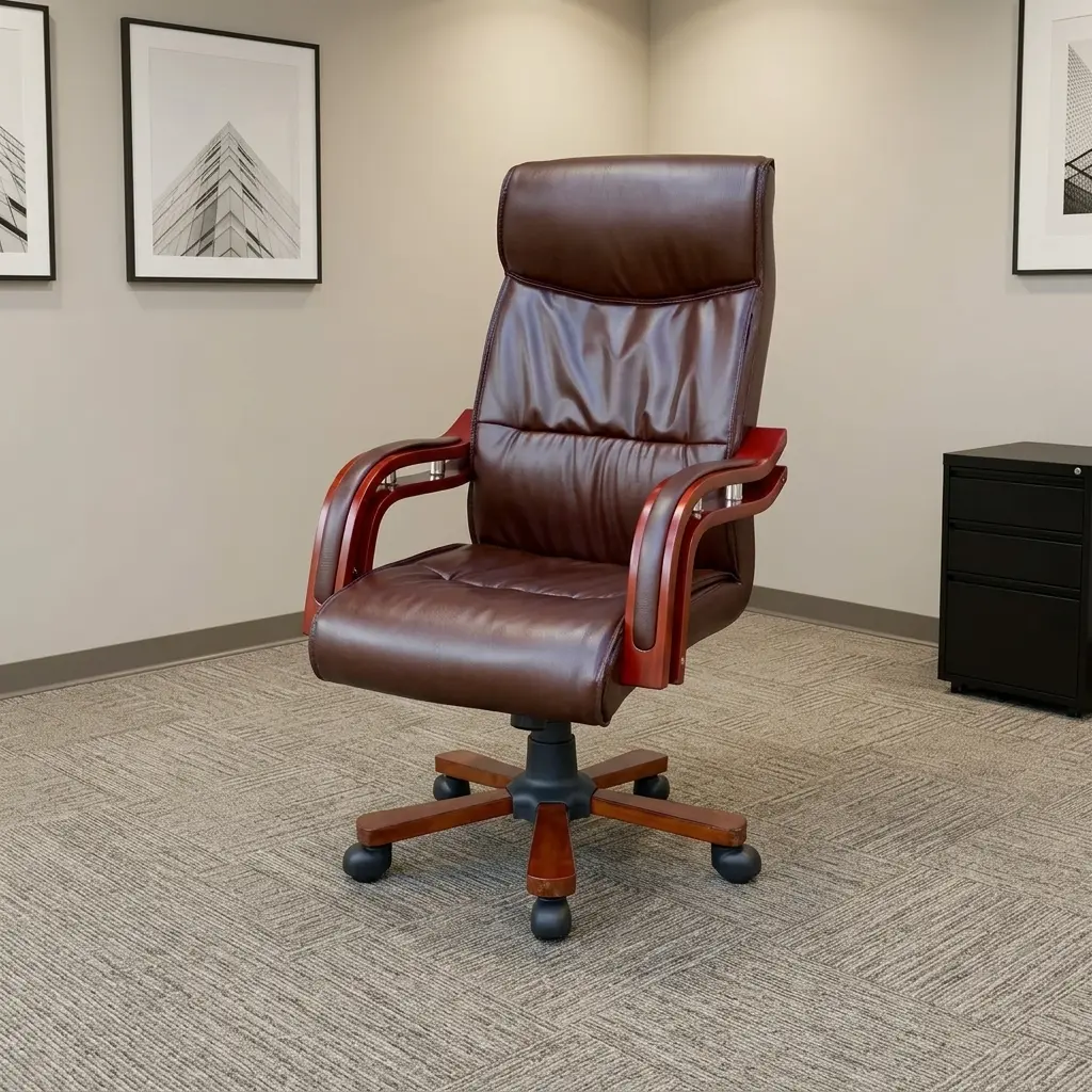 Brown leather executive chair featuring rich reddish-brown leatherette upholstery with deep segmented padding on the high backrest and seat, padded curved wood-trim armrests with metallic supports, a pneumatic height-adjustment mechanism, and a five-star wood-capped swivel base on dual-wheel casters.