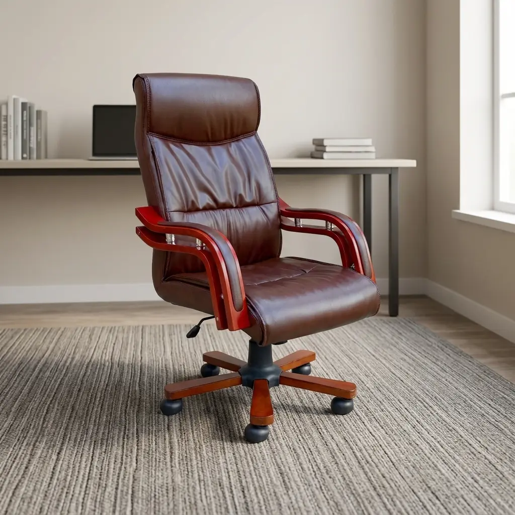 Brown leather executive chair featuring rich reddish-brown leatherette upholstery with deep segmented padding on the high backrest and seat, padded curved wood-trim armrests with metallic supports, a pneumatic height-adjustment mechanism, and a five-star wood-capped swivel base on dual-wheel casters.