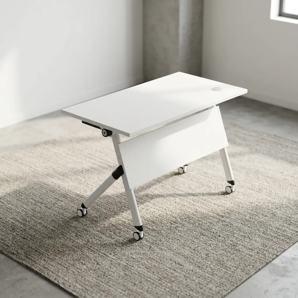 1.2 white foldable training table featuring a smooth white laminate rectangular top, built-in dual cable grommets, a flip-top folding mechanism with a solid white modesty panel, and a white powder-coated metal A-frame base fitted with lockable dual-wheel casters.