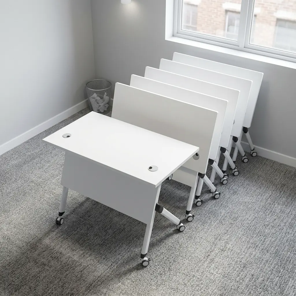 1.2 white foldable training table featuring a smooth white laminate rectangular top, built-in dual cable grommets, a flip-top folding mechanism with a solid white modesty panel, and a white powder-coated metal A-frame base fitted with lockable dual-wheel casters.