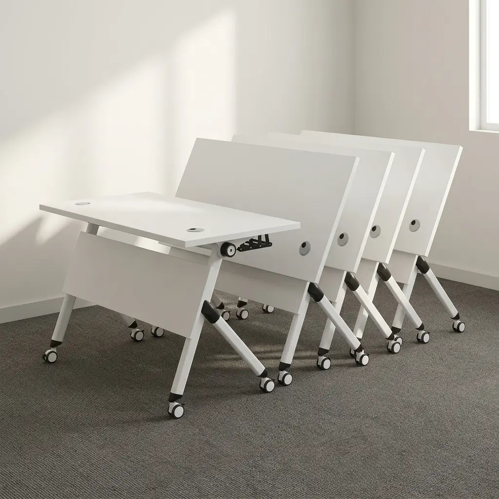 1.2 white foldable training table featuring a smooth white laminate rectangular top, built-in dual cable grommets, a flip-top folding mechanism with a solid white modesty panel, and a white powder-coated metal A-frame base fitted with lockable dual-wheel casters.