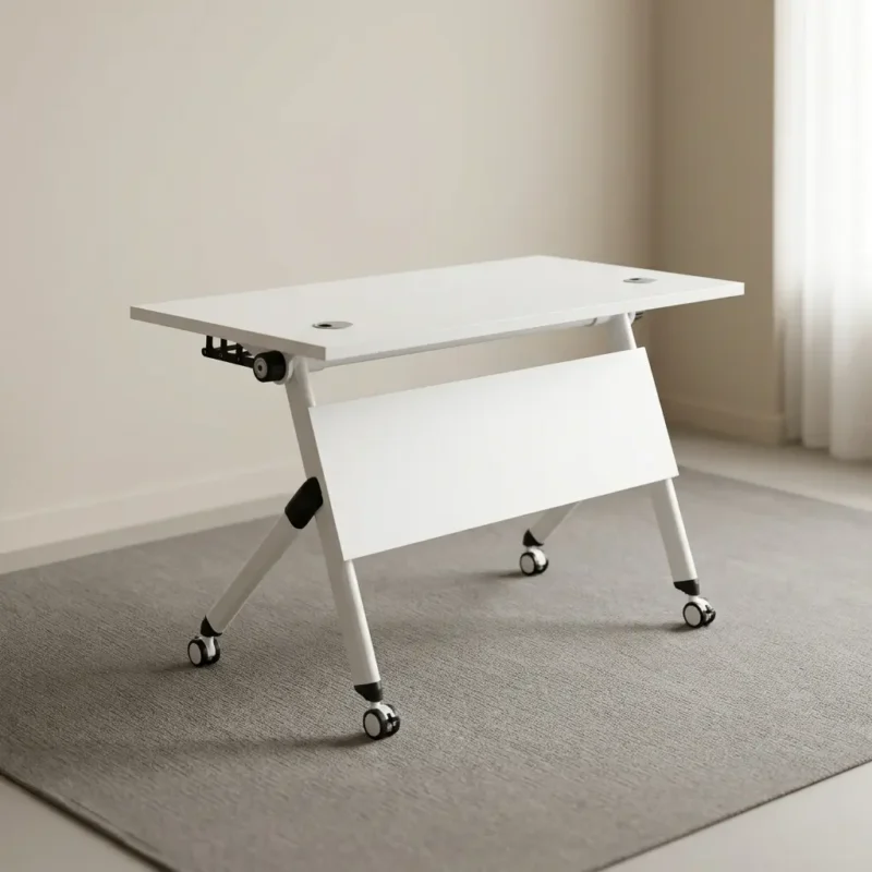 1.2 white foldable training table featuring a smooth white laminate rectangular top, built-in dual cable grommets, a flip-top folding mechanism with a solid white modesty panel, and a white powder-coated metal A-frame base fitted with lockable dual-wheel casters.
