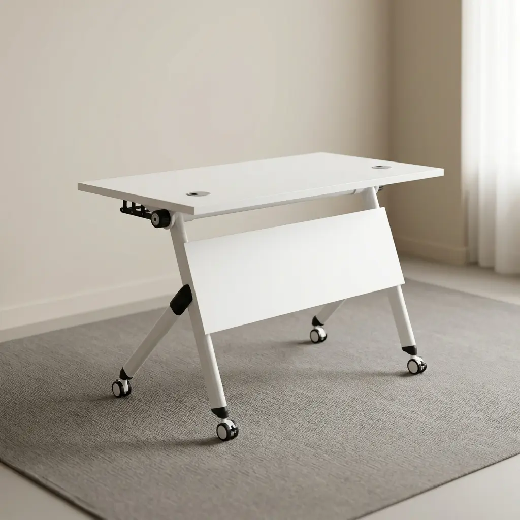 1.2 white foldable training table featuring a smooth white laminate rectangular top, built-in dual cable grommets, a flip-top folding mechanism with a solid white modesty panel, and a white powder-coated metal A-frame base fitted with lockable dual-wheel casters.