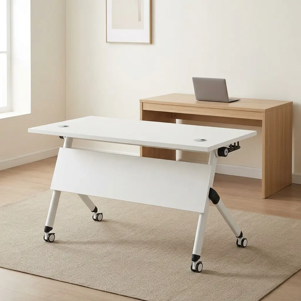 1.2 white foldable training table featuring a smooth white laminate rectangular top, built-in dual cable grommets, a flip-top folding mechanism with a solid white modesty panel, and a white powder-coated metal A-frame base fitted with lockable dual-wheel casters.
