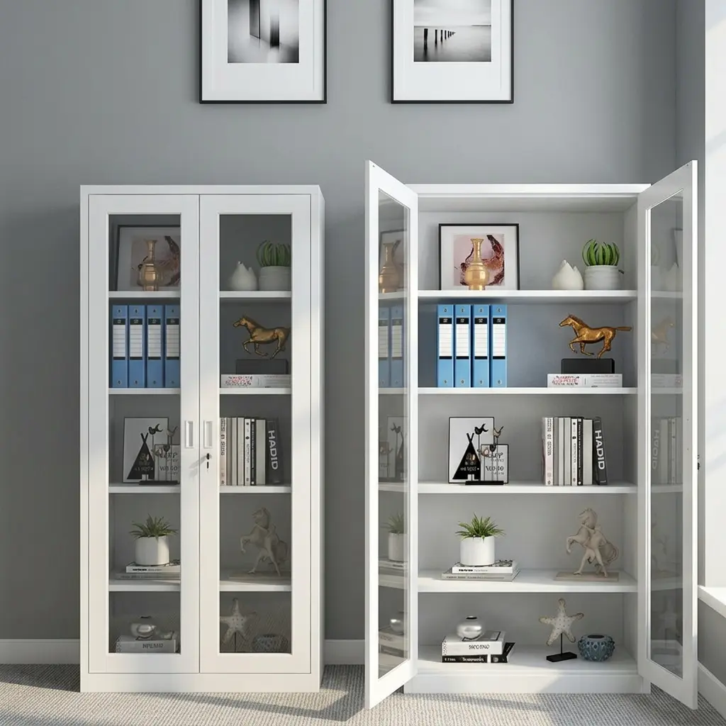 Lockable full glass filing cabinet featuring a durable white powder-coated steel frame, full-length double tempered glass doors revealing four adjustable interior display shelves, sleek vertical recessed handles, and a secure central key lock mechanism.