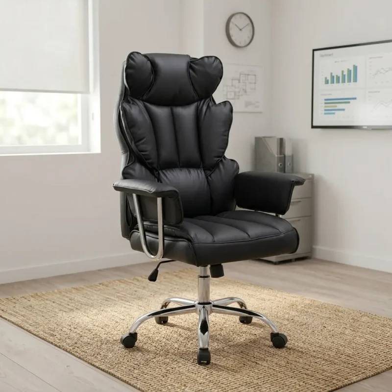 Butterfly leather executive seat featuring plush black leatherette upholstery with winged butterfly-style layered back cushions, integrated high-density headrest, padded armrests on chrome loop supports, a pneumatic height-adjustment lever, and a heavy-duty polished chrome five-star swivel base on smooth-rolling casters.