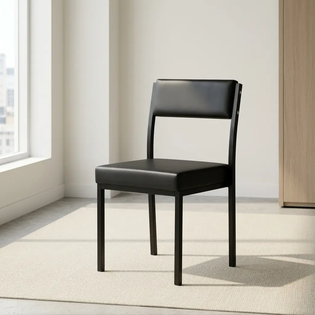 Stackable catalina waiting chair featuring black leatherette upholstery over a padded seat cushion and a matching padded mid-back backrest, an armless space-saving frame design, and a heavy-duty black powder-coated square steel four-legged base.