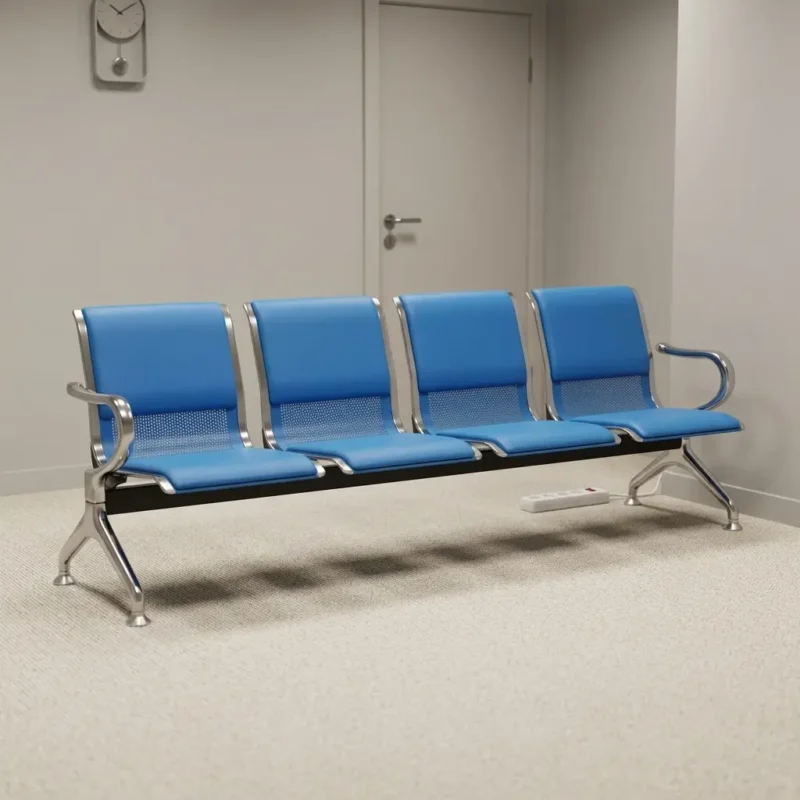 Blue 4-link waiting bench featuring four contoured seats with vibrant blue vinyl padding over perforated metal backrests, polished chrome side armrests, a heavy-duty black beam crossbar, and flared polished chrome legs.