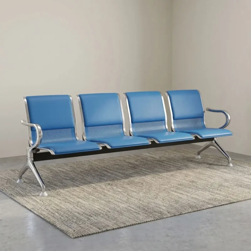 4-link blue waiting bench featuring four individual padded blue leatherette seats over perforated steel backrests, integrated polished chrome side armrests, and a heavy-duty steel beam support frame anchored by angled chrome legs.