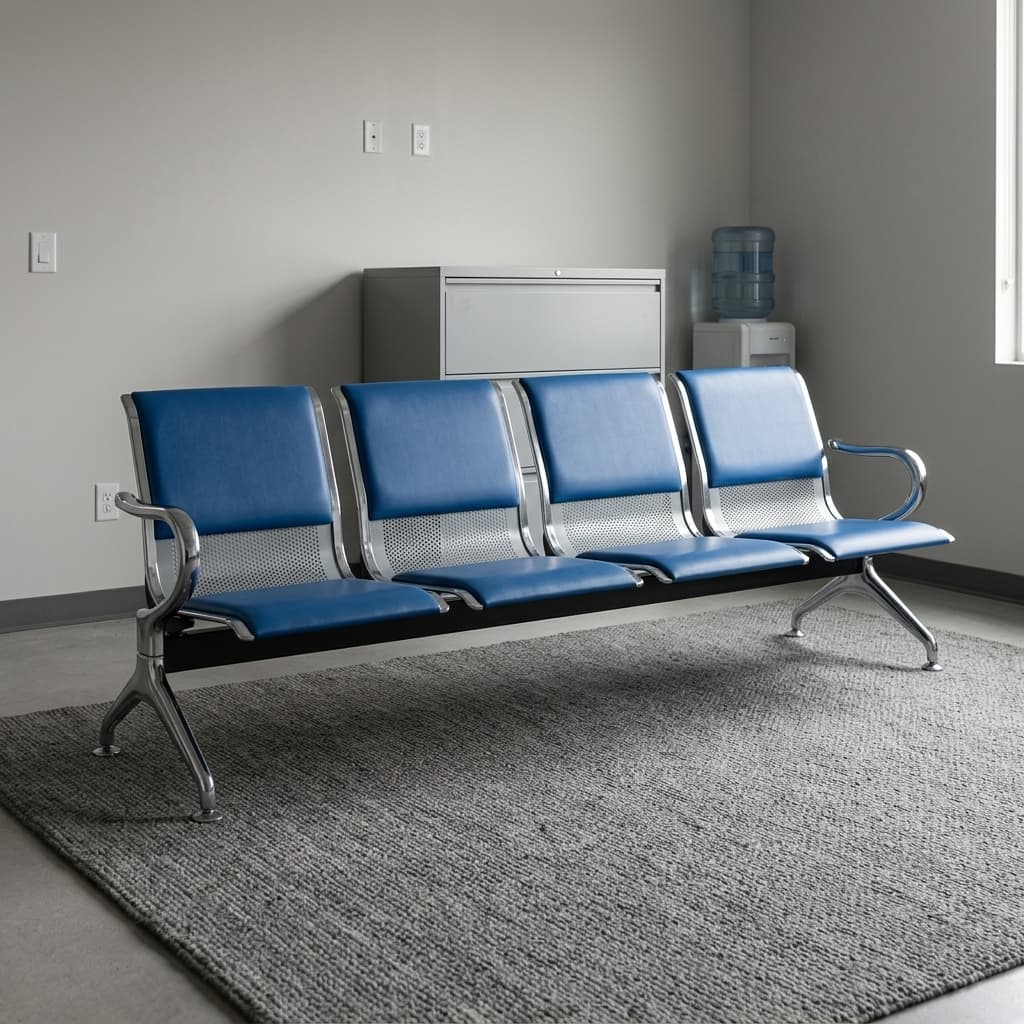 4-link blue waiting bench featuring four individual padded blue leatherette seats over perforated steel backrests, integrated polished chrome side armrests, and a heavy-duty steel beam support frame anchored by angled chrome legs.