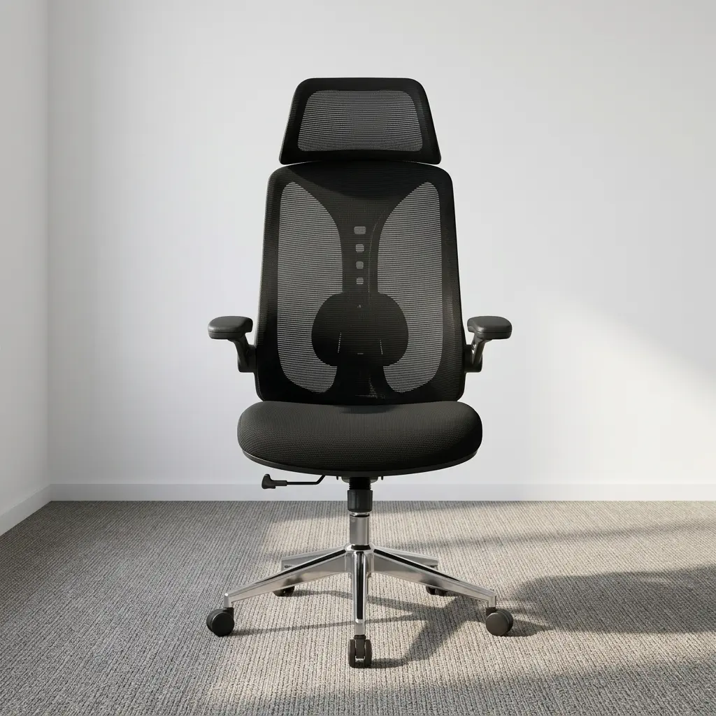 Office chair with flip arms featuring a breathable black mesh backrest with integrated ergonomic lumbar support, an adjustable contoured headrest, a cushioned black fabric seat, 90-degree flip-up padded armrests, a pneumatic height-adjustment lever, and a polished chrome five-star swivel base on smooth-rolling casters.