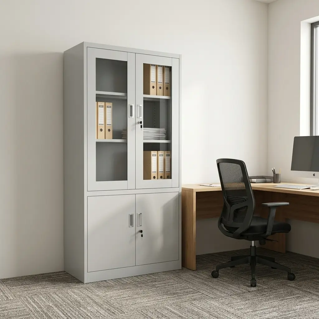 Metallic office filing cabinet featuring a durable light grey powder-coated steel frame, upper dual glass display doors with internal shelves, lower solid metal double doors for private storage, silver recessed handles, and independent security key locks for upper and lower sections.