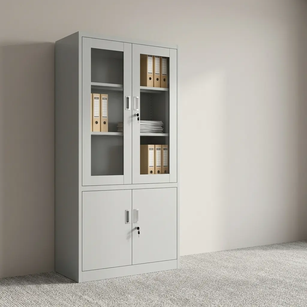 Metallic office filing cabinet featuring a durable light grey powder-coated steel frame, upper dual glass display doors with internal shelves, lower solid metal double doors for private storage, silver recessed handles, and independent security key locks for upper and lower sections.