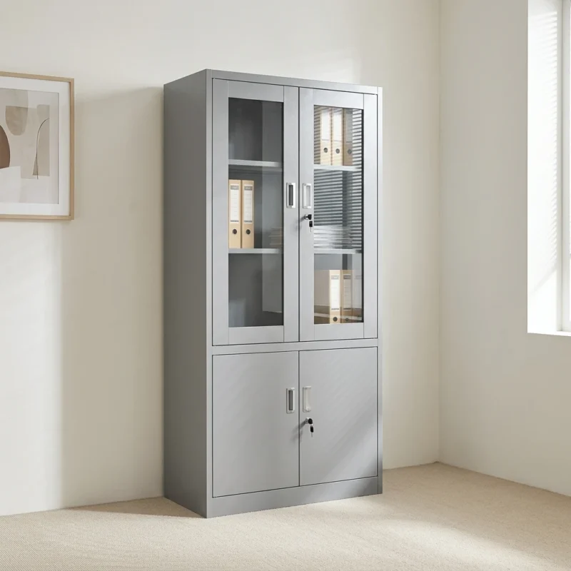 Metallic office filing cabinet featuring a durable light grey powder-coated steel frame, upper dual glass display doors with internal shelves, lower solid metal double doors for private storage, silver recessed handles, and independent security key locks for upper and lower sections.