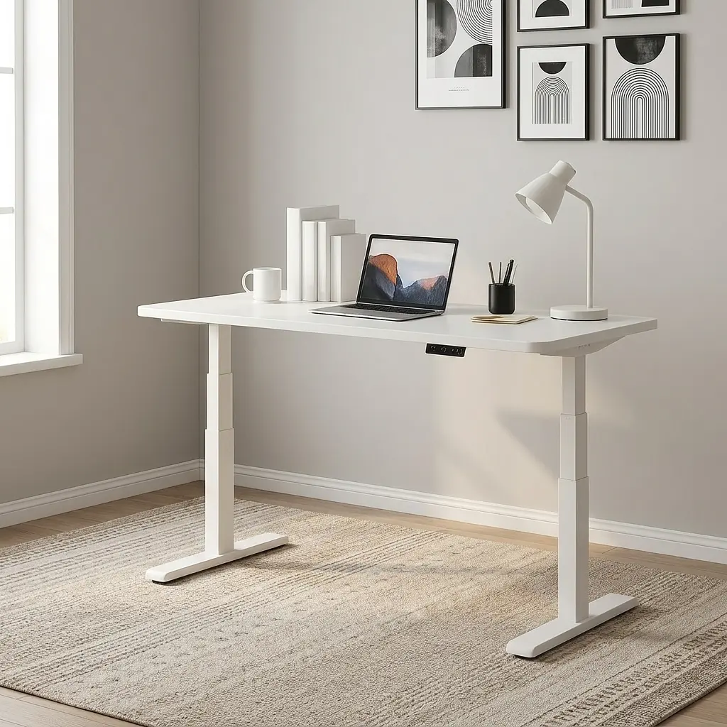 1.4m electric height adjustable desk featuring a smooth white laminate tabletop with rounded corners, an under-desk digital control keypad, and a dual-stage motorized white steel frame supported by T-style leveling feet.