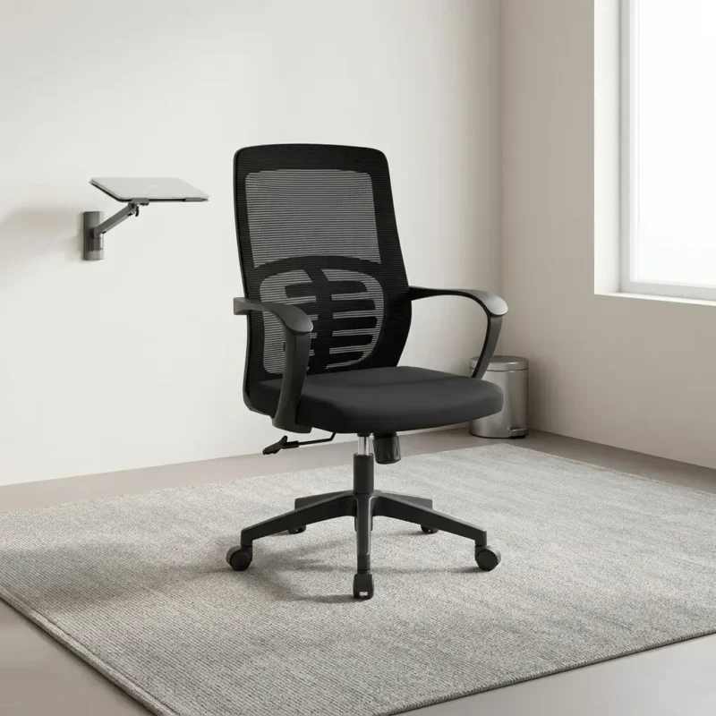Medium back mesh staff chair featuring a breathable black mesh backrest with a skeletal spine-support frame, a contoured cushioned black fabric seat, curved fixed armrests, a pneumatic height-adjustment lever, and a durable black nylon five-star swivel base on smooth-rolling casters.