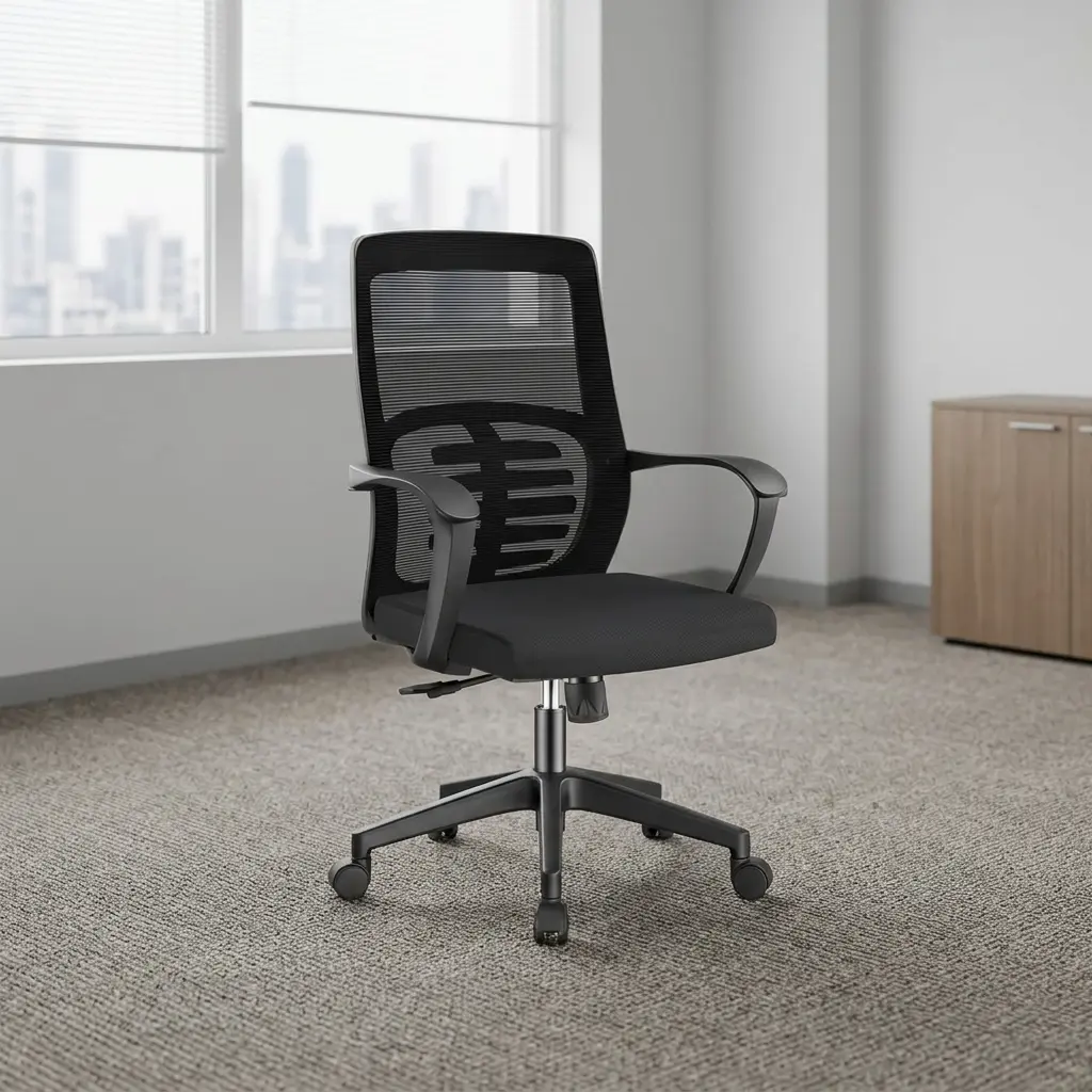 Medium back mesh staff chair featuring a breathable black mesh backrest with a skeletal spine-support frame, a contoured cushioned black fabric seat, curved fixed armrests, a pneumatic height-adjustment lever, and a durable black nylon five-star swivel base on smooth-rolling casters.