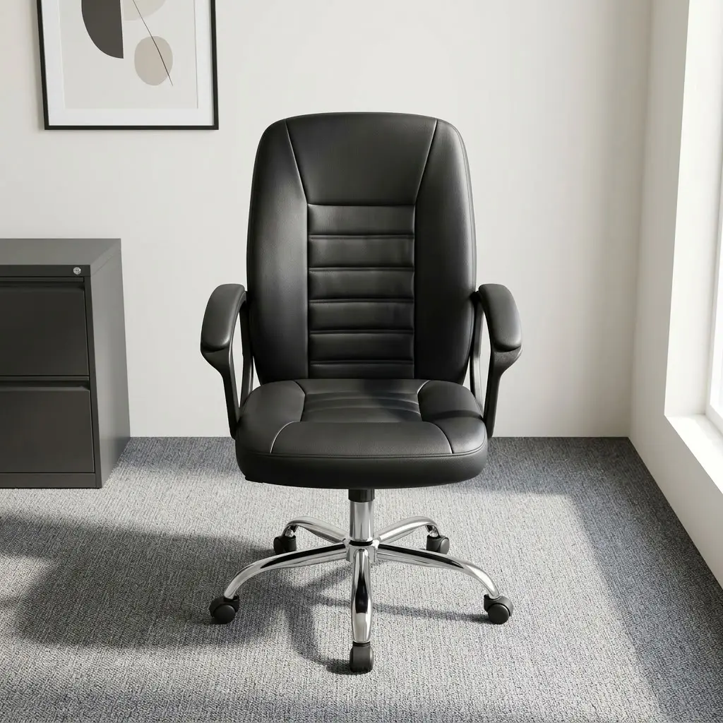 Leather ergonomic executive chair featuring smooth black faux leather upholstery with horizontally segmented backrest stitching, an ergonomic mid-to-high back profile with integrated lumbar support, padded loop armrests, a pneumatic seat-height adjustment gas lift lever, and a polished chrome five-star swivel base on dual-wheel casters.