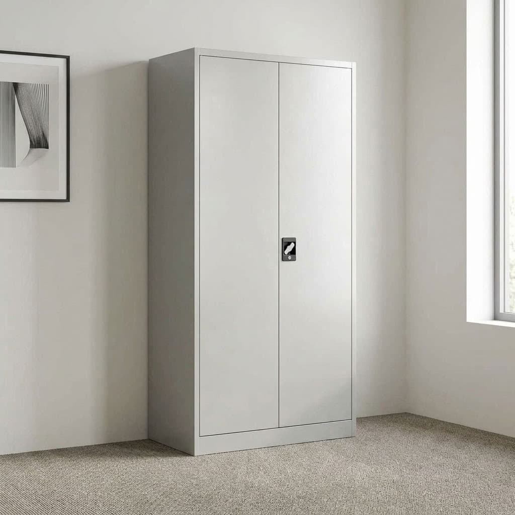 Lockable steel storage file cabinet featuring a durable light grey powder-coated steel frame, full-height dual hinged solid doors, four internal height-adjustable shelves providing five storage tiers, a recessed central locking swing handle with a key lock mechanism, and a reinforced floor base.